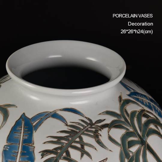 东方巴黎青花瓷“椰树丛林”新中式花瓶玄关浮雕彩瓷花瓶艺术摆件