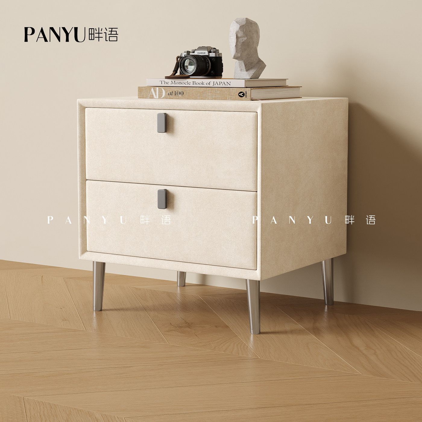 Panyu Fabric bedside table, light luxury cream-style home bedside storage cabinet, bedroom high-legged solid wood storage cabinet