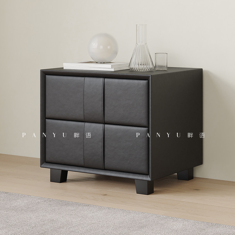 Pan Yu bedside Table: Italian minimalist small-sized bedroom, simple leather low legs, modern and simple all-wood bedside cabinet