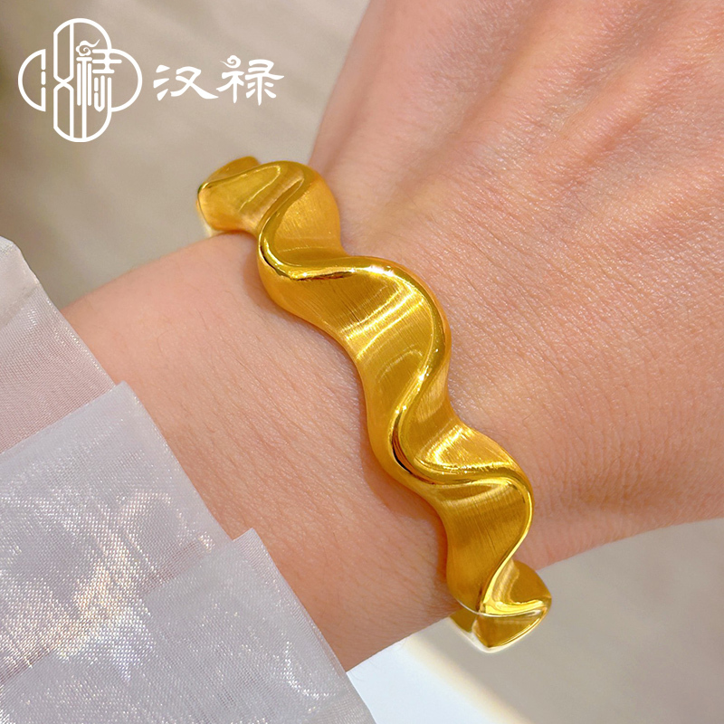 Gold Silk Satin Bracelet for Women, Pure Gold 999, Fashionable Ins-Style Summer Wave Pure Gold Bracelet, Gift for Girlfriend