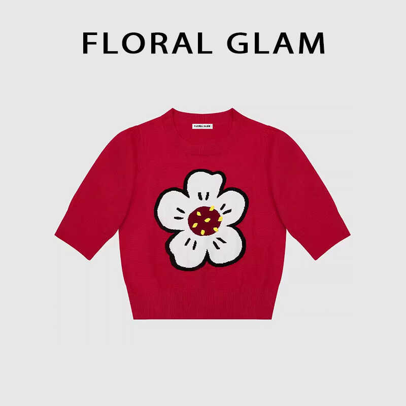 Floral Glam Fashion Floral Knitted Short-Sleeved T-Shirt for Women 2026 Summer New Slim-Fitting Round Neck Top Floral Glam Fashion Floral Knitted Short-Sleeved T-Shirt for Women 2026 Summer New Slim-Fitting Round Neck Top