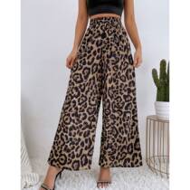 Leopard casual elastic waist loose wide leg trousers