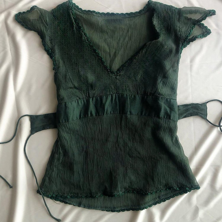 Green V-Neck Shirt Top for Women with Tie Design, Unique and Trendy This Year, Beautiful Blouse
