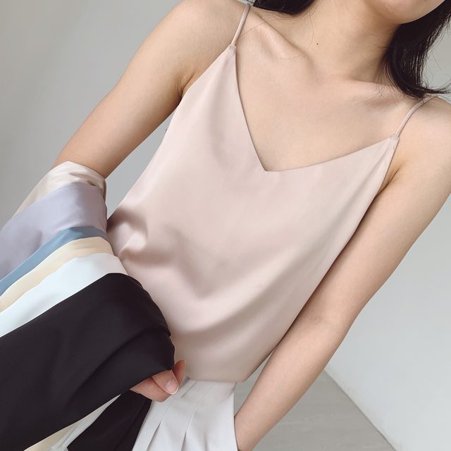 Satin imitation silk adjustable thin shoulder strap camisole v-neck bottoming regular commuting solid color slim champagne color