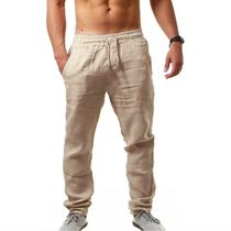 Mens Cotton Linen Long Pants Summer Solid Color Breathable