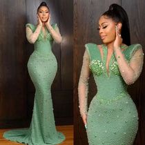 Sage Green Beading Mermaid Prom Dresses for African Women Lu