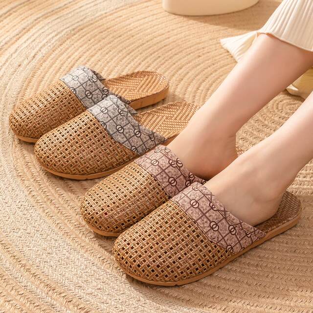Elderly non-slip slippers Baotou men's indoor home handmade rattan straw woven linen woven sandals and slippers couple shoes