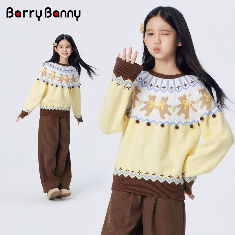 Barrybanny Girls' Fair Isle Sweater with Bear Jacquard, Drop Shoulder, Loose Fit, Soft Knit Pullover for Older Children Barrybanny Girls' Fair Isle Sweater with Bear Jacquard, Drop Shoulder, Loose Fit, Soft Knit Pullover for Older Children