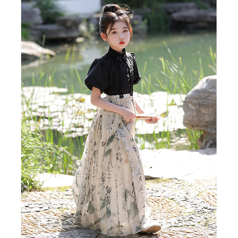 2026年新作 中国風馬面スカート 女の子用セット 高級子供用 中国水墨画 漢服 古風 夏