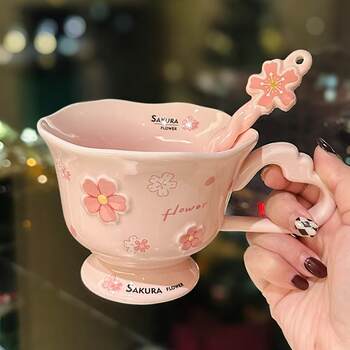 Japanese High-End Cherry Blossom Embossed Ceramic Water Cup, Stylish Design for Women, Wide-Mouth Coffee Mug, Direct from Manufacturer