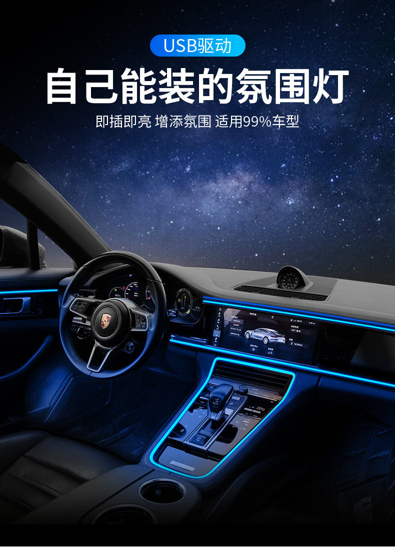 Car Ambient Light, Wireless Interior Decoration Led Light Strip, USB Atmosphere Cold Light, Modified Car Dashboard Light Strip