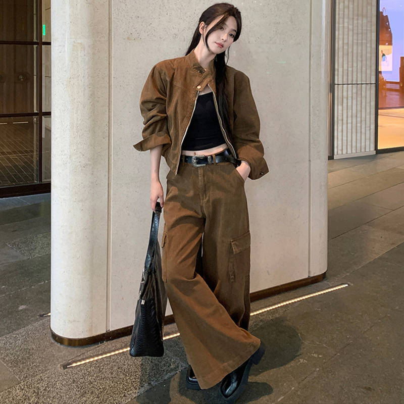 Maillard Early Autumn Outfits, High-End Suits for Women, Loose Retro Workwear Style Jackets, Wide-Leg Pants Two-Piece Set
