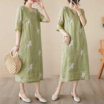Real shot of high-end heavy industry embroidered ramie dress Chinese style improved cheongsam 2024 new cotton and linen dress