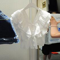 Korean version of Dongdaemun 2024 summer new sweet V-neck pullover ruffled niche chic flying sleeve shirt for women