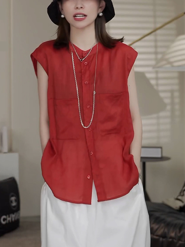 Department Store Withdraws International Brand Cut-Label Women's Cotton-Linen Sleeveless Shirt, Ramie Slimming Red Linen Top