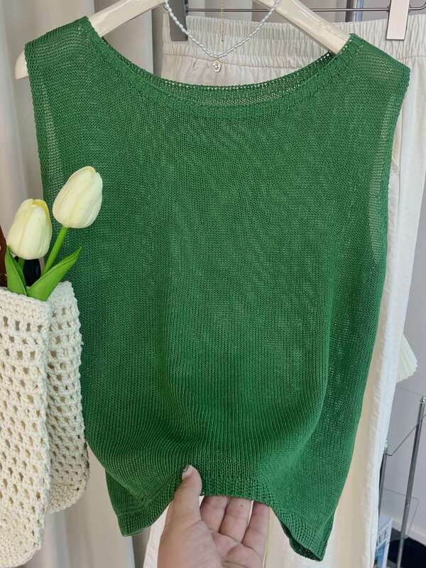 Green Breast-Covering Linen Knitted Vest for Women, Thin Summer Design, Niche Outerwear, Racerback Sleeveless Top