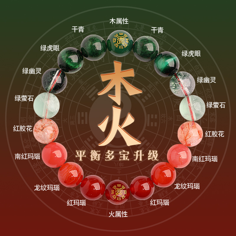 Five Elements Bracelet to Enhance Luck, Use Fire and Wood Bracelet, Wood Generates Fire, Likes Fire and Wood, Multi-Treasure Crystal, Red Agate, Green Phantom Bracelet