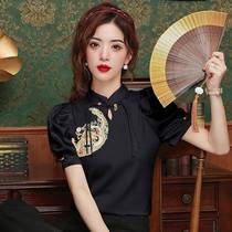 New Chinese style Chinese style disc button T-shirt for women 2024 summer fashion stand collar retro slim puff sleeve embroidered top trendy