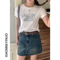 (Oufan) three-dimensional bow short-sleeved letter printed short t-shirt summer new small top 9908