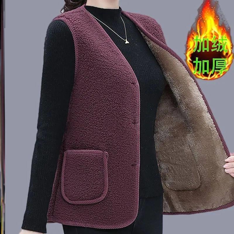 女性ママ用ラムウールベスト 秋冬 プラス ベルベット 厚手 ベスト 高齢女性用 粒状フリース 暖かい ウエストコート