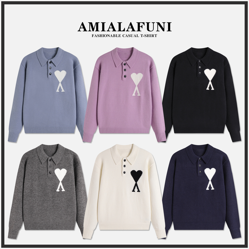 [in Stock for Immediate Delivery] Ami Alafuni Sweater for Men and Women, New Autumn and Winter Style, Heart-Shaped Lapel Polo Knit Top