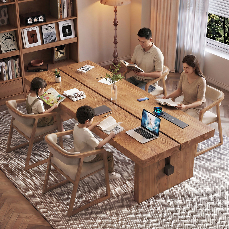 Solid Wood Spliced Wide Multi-Person Long Table for Family Reading, Homework, Study Room, Home Office Desk and Chair Set