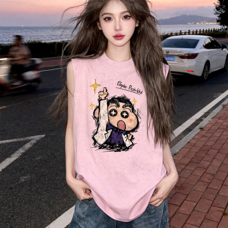 Trendy Design Cartoon Print Sleeveless Sports Vest Summer Pure Cotton T-Shirt Women's Korean Style Mid-Length Couple's Top Trendy Design Cartoon Print Sleeveless Sports Vest Summer Pure Cotton T-Shirt Women's Korean Style Mid-Length Couple's Top