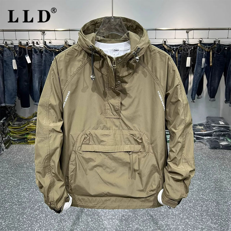 ハーフジップジャケットメンズ2025春秋新作トレンドブランドルーズフード付きワークウェアジャケットメンズカジュアルコート