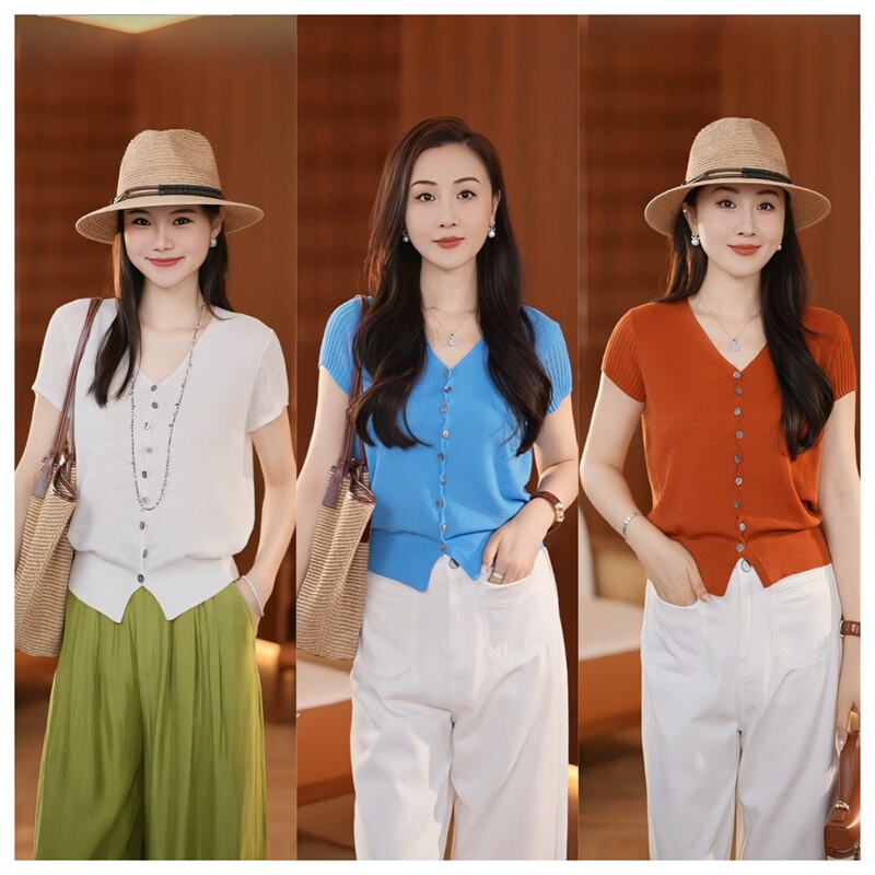 Lesamis·「Sunset Clear Sky」Dopamine Linen V-Neck Short Sleeve Knit Top with Flutter Sleeves A682002243