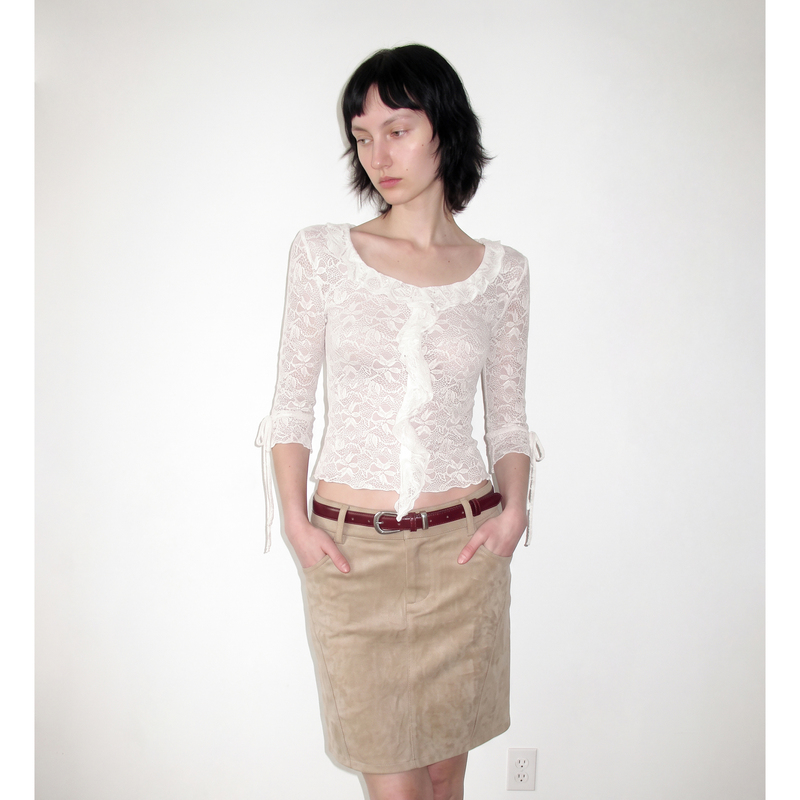 No3Kou French-Style Lace Ruffle Slim-Fit Short Mid-Sleeve Base Shirt Lace Top