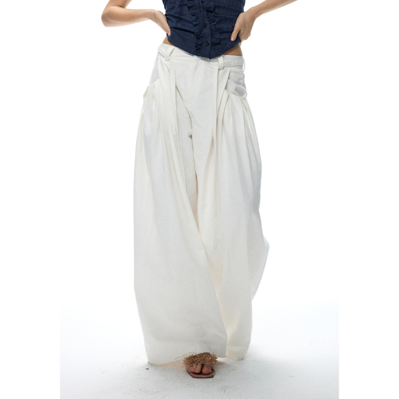 No3Kou White Versatile Lace-Up Design Wide-Leg Lazy Style Straight-Leg Suit Pants Casual Pants