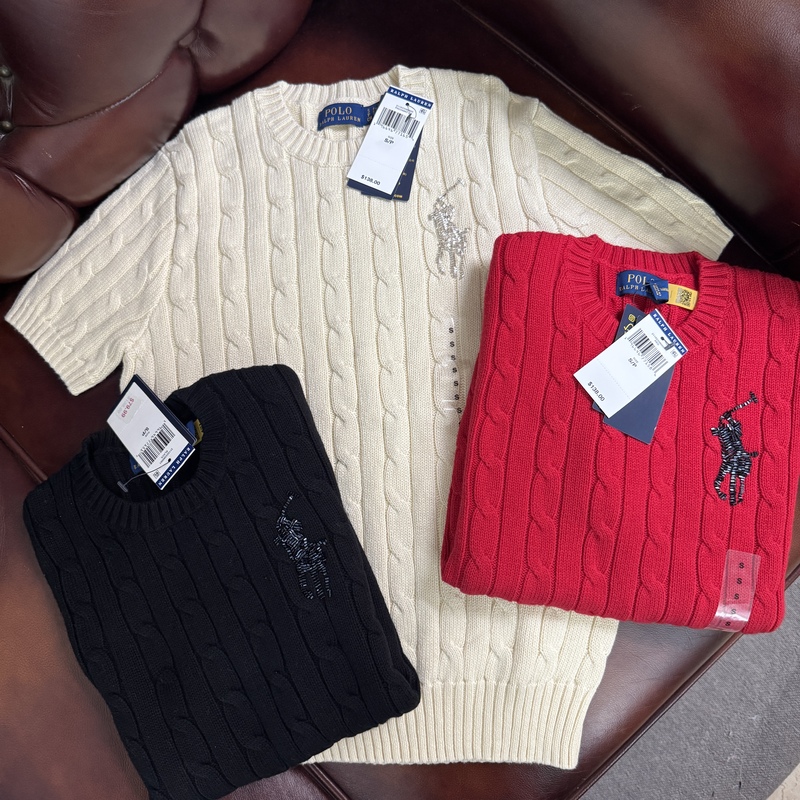 Ralph Lauren Women's Round Neck Short-Sleeved Cable Knit Beaded Sweater with Malaysian Logo, Pure Cotton Ralph Lauren
