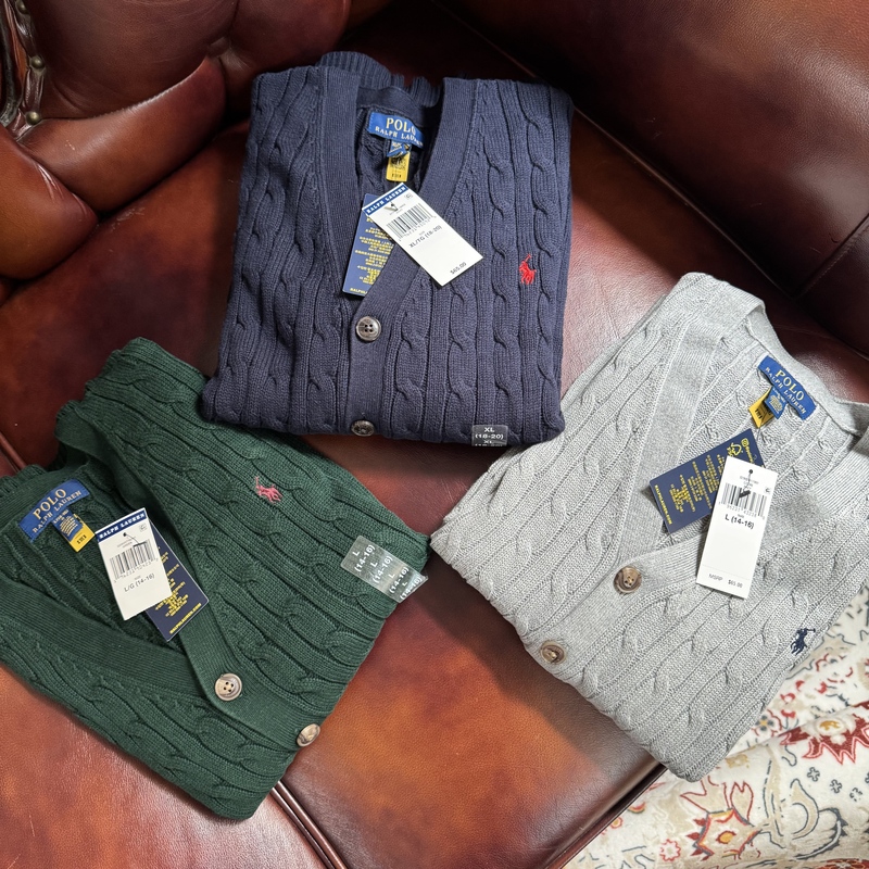 National Brand Polo Ralph Lauren/Ralph Lauren Boys' V-Neck Sweater Cardigan Knitted Cable Knit, Suitable for Adults to Wear