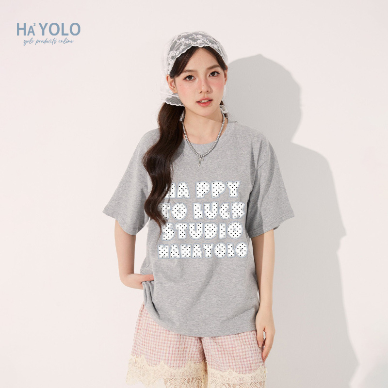 Hahayolo American-Style Polka Dot Letter Patch Print Short-Sleeve T-Shirt for Women, New Summer Versatile Niche Loose Half-Sleeve