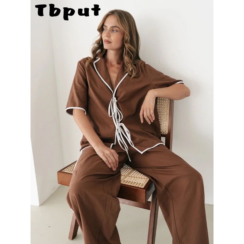 Fashion Women's Lace up Shirts Trouser Suits Short Sleeve T-Shirt