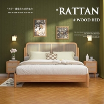 Rattan solid wood bed 1 5 meters household Nordic retro log Japanese style B&B rattan bed modern simple 1 8 1 2 meters