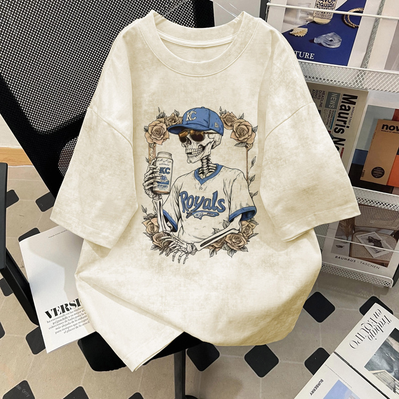 Short-Sleeved T-Shirts for Boys and Girls, Summer Trendy Cool Street Style Hip-Hop Skull Print Versatile Loose Tops for Older Children