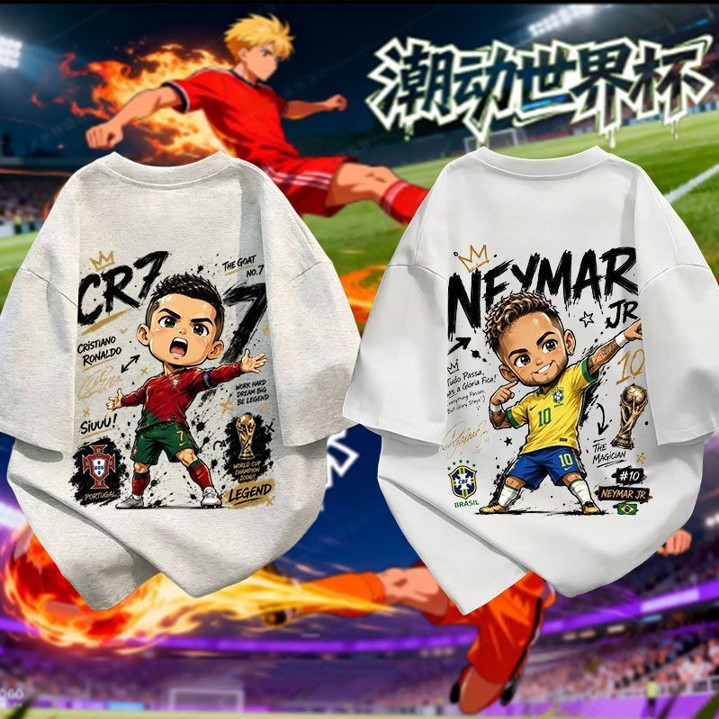 World Cup Football T-Shirts for Boys and Girls, Summer Family Wear, Cristiano Ronaldo, Neymar, Haaland Printed Cotton Short-Sleeved Tops