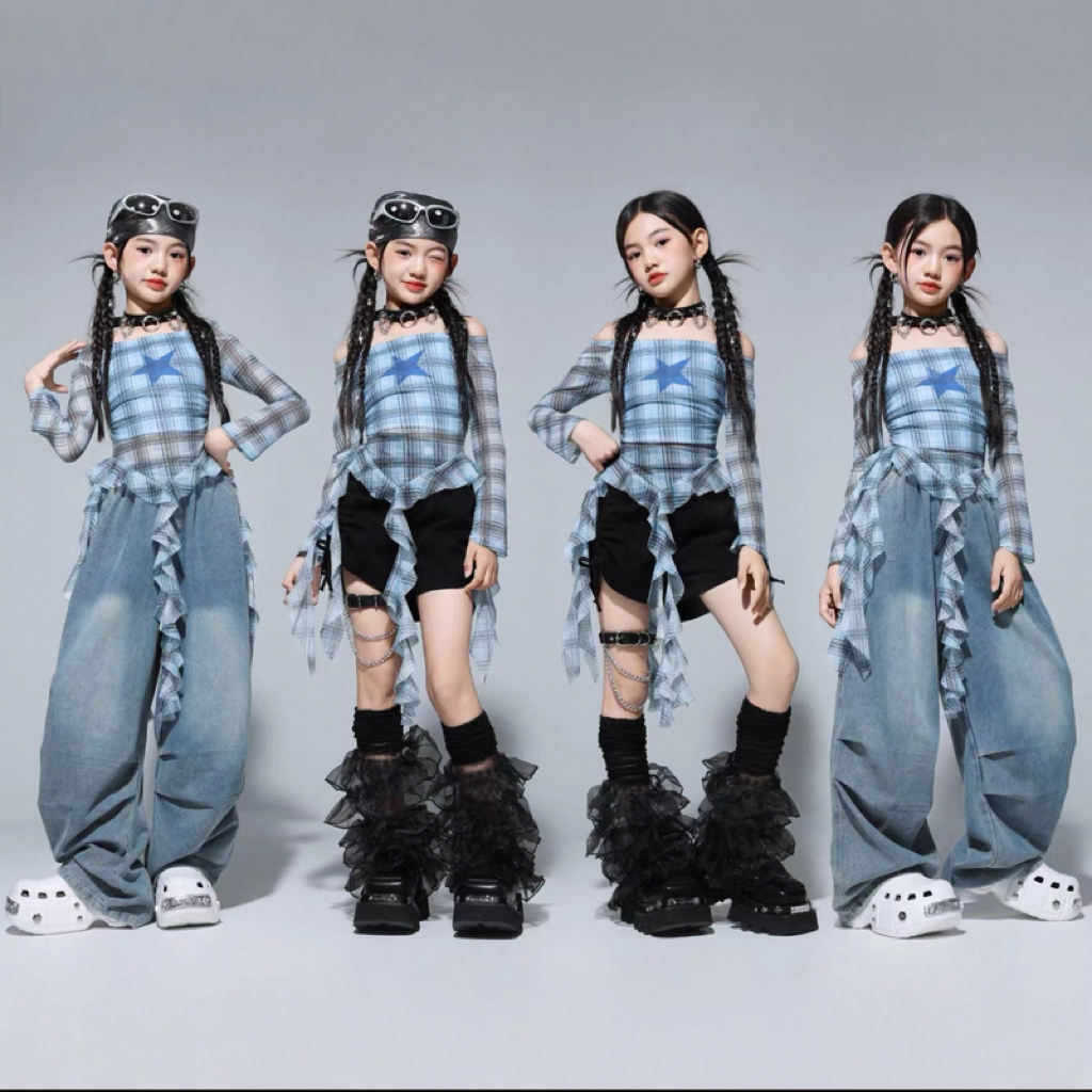 子供用ジャズダンス衣装、流行のヒップホップストリートダンス衣装、女の子向けパフォーマンス衣装。