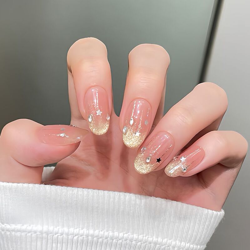 Affordable and Stylish Press-On Nails with a Shiny Gradient Gold Cat-Eye Effect, Skin-Brightening Nude Color, New Nail Stickers