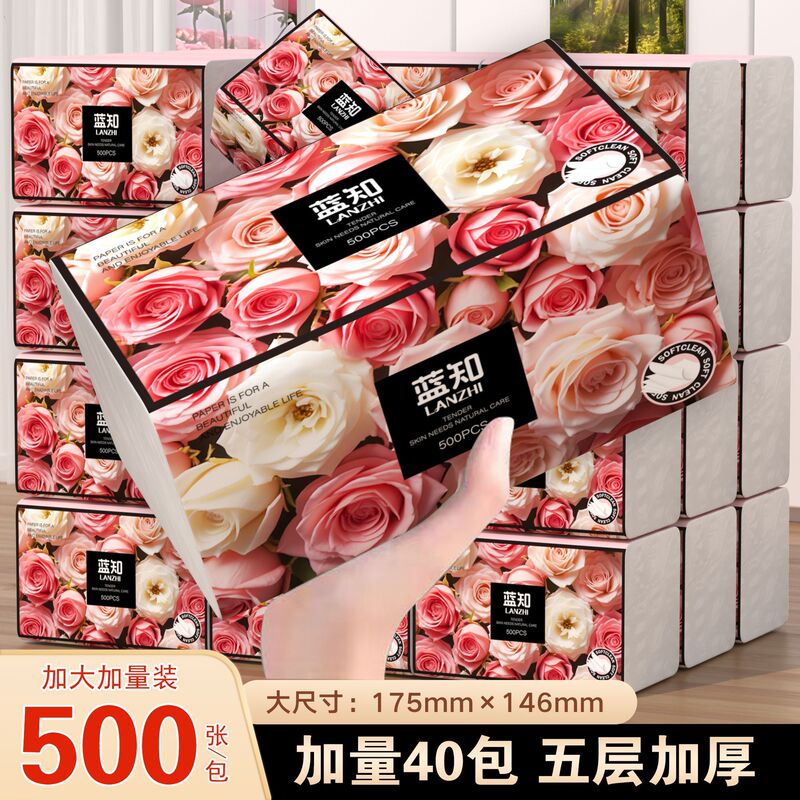 Blue Zhi Whole Box Large Pack of 500 Paper Napkins, Affordable Facial Tissues, Household Toilet Paper, Five-Layer Dry and Wet Dual-Use