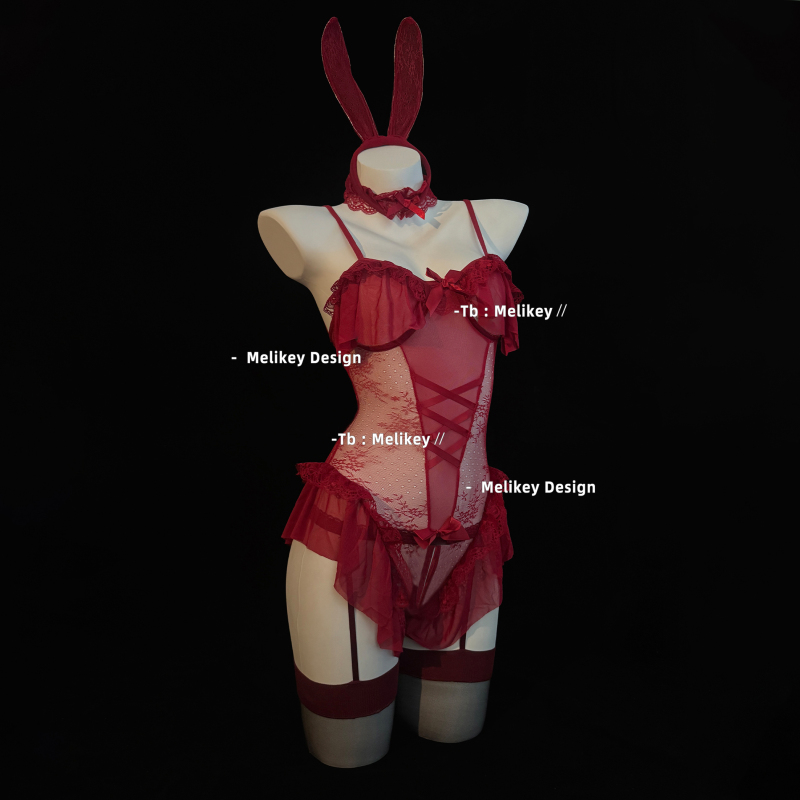 Red Bunny Girl Sexy Lace Temptation Bodysuit No Need to Take Off Battle Robe Qqny
