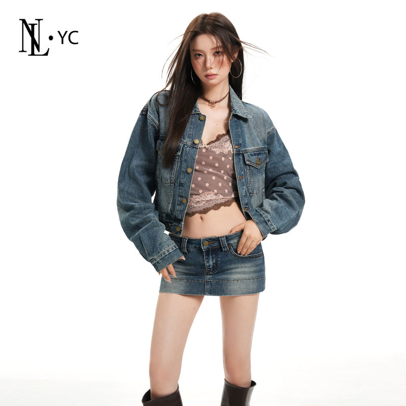 Vintage Blue Denim Ultra-Short Shorts for Women 2026 New Style Spicy Girl Low-Waist Versatile Hong Kong Style Distressed Washed Jacket Set