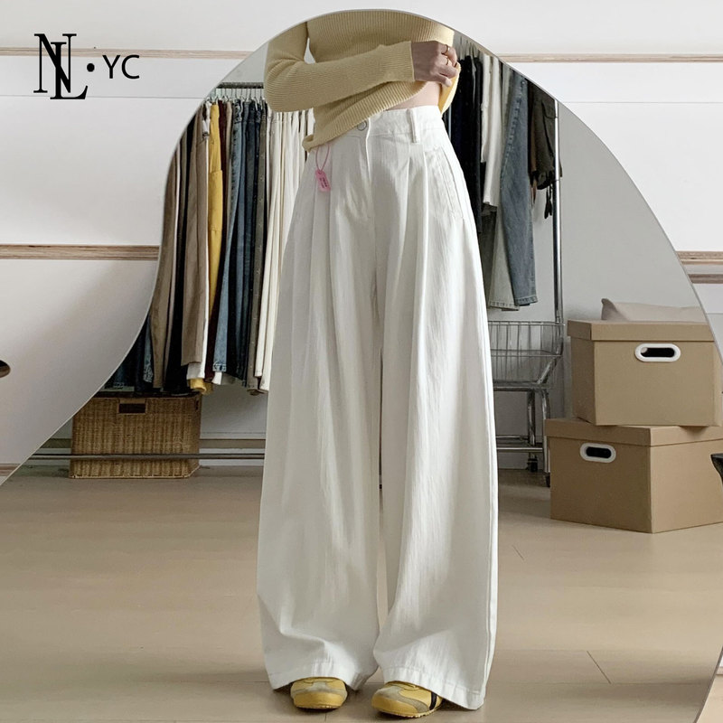 White High-Waisted Wide-Leg Jeans for Women, 2026 Spring New Style, Loose Fit for Petite Figures, Casual Straight-Leg Pants with a Relaxed Drape