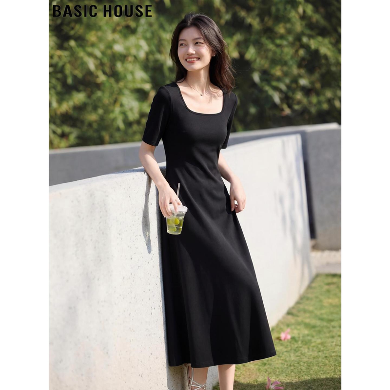 Basic House/Baijiahao Black Square-Neck Tencel Short-Sleeve Dress for Women 2026 Summer Waist-Cinching T-Shirt Dress
