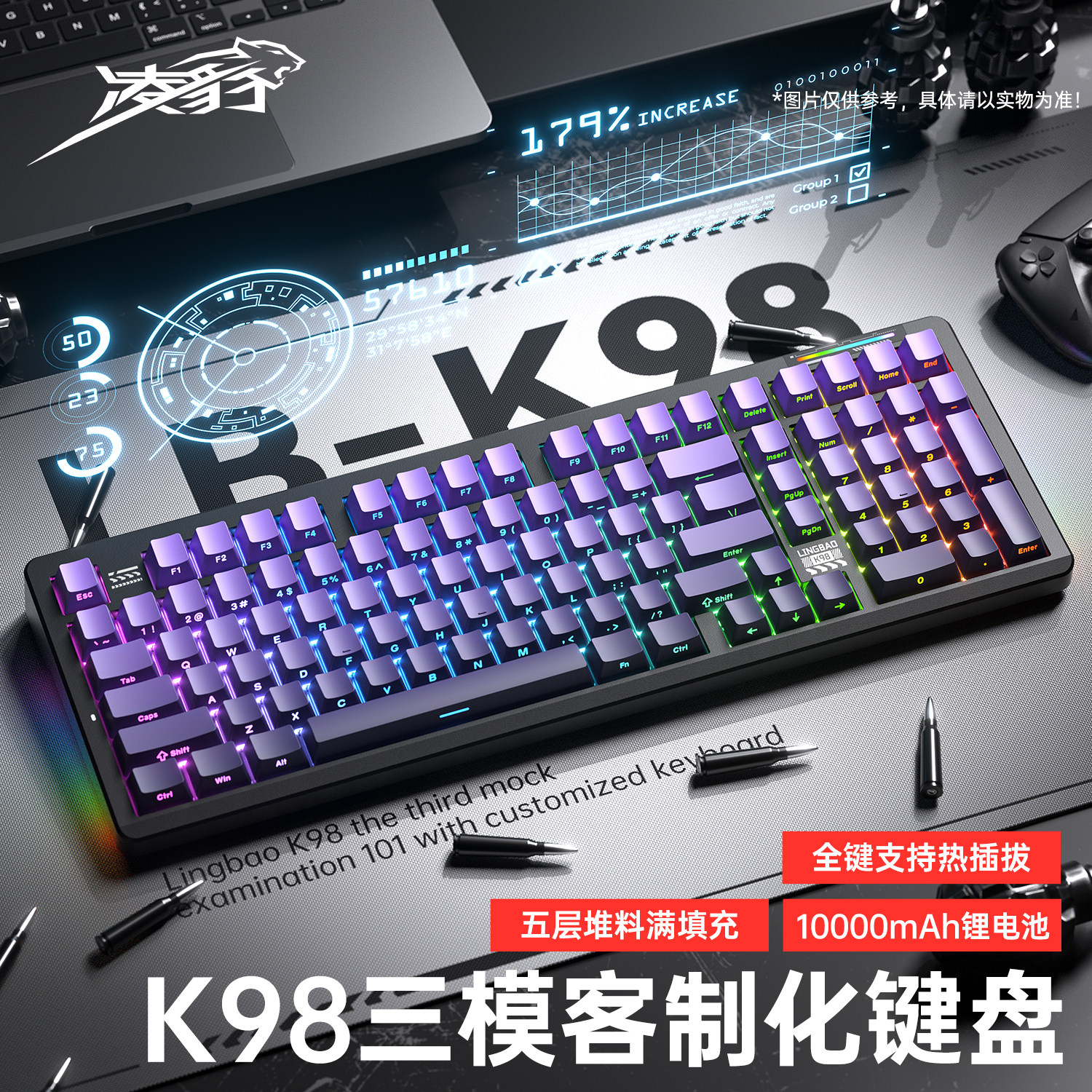 Lingbao K98 Mechanical Keyboard with Side Engraved Keys, Wireless Bluetooth Three-Mode, Dedicated for E-Sports Gaming, Computer, Office, and Customization