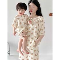 Parent-child suit summer pajamas Korean version gauze mother-child outfit cartoon loose home clothes short-sleeved mother-daughter air-conditioning suit thin