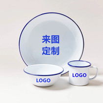 Enamelmakers classic blue and white enamel three-piece set of water cups plates and bowls for outdoor camping with customizable LOGO mugs