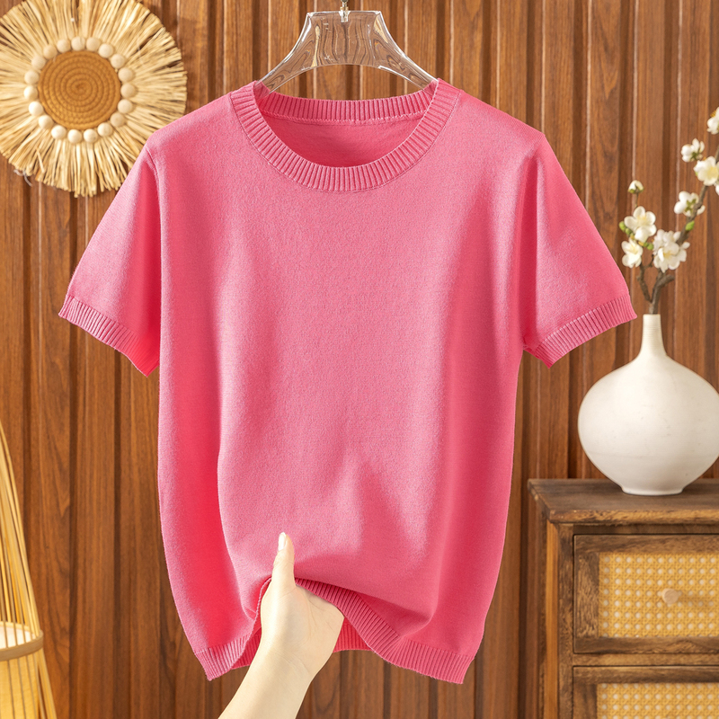 Knitted Short-Sleeve Women's 2026 New Style T-Shirt, Summer Thin Version, Regular Shoulder Top, Light Luxury High-End Feel, Round Neck, Loose Fit, Slimming Effect Knitted Short-Sleeve Women's 2026 New Style T-Shirt, Summer Thin Version, Regular Shoulder Top, Light Luxury High-End Feel, Round Neck, Loose Fit, Slimming Effect