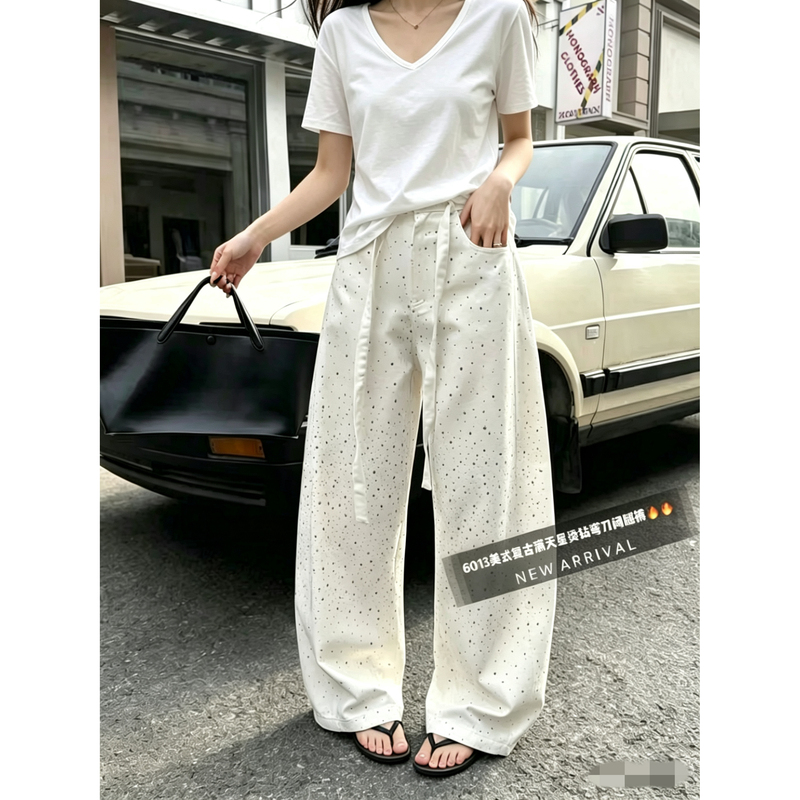 6013 American Retro Starry Sky Sparkling Rhinestone Denim New Style Scimitar Floor-Length Pants